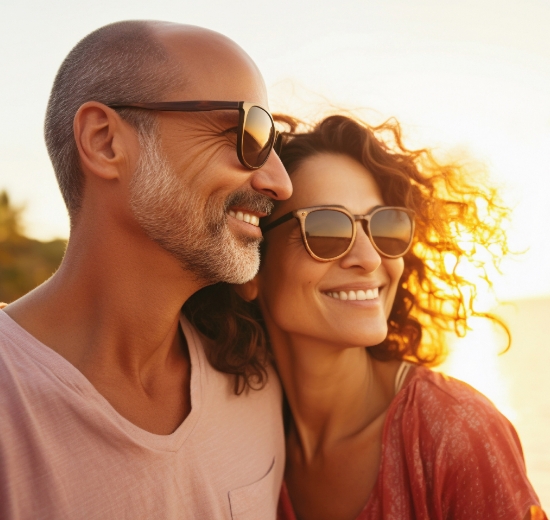 Paar mit Sonnenbrillen blickt in den Sonnenuntergang.